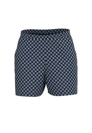 Pantaloncini blu navy con un motivo geometrico bianco. Presentano una cintura elastica e tasche laterali. Realizzati in tessuto leggero.