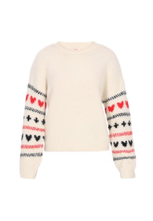 Pulover crem, dintr-un material texturat, cu manșete lungi decorate cu modele de inimi roșii, negre și gri și dungi orizontale.