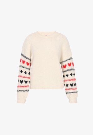 Kreemjas kampsun, millel on tekstuuriga kangas, pika varrukaga, mis on kaunistatud punaste, mustade ja hallide südame motiivide ning horisontaalsete triipudega.