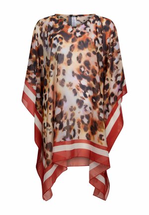 Kaftan trasparente con stampa animale in tonalità di marrone, arancione e crema. Presenta una scollatura a V e un orlo a righe rosse. Tessuto leggero con una caduta fluida.
