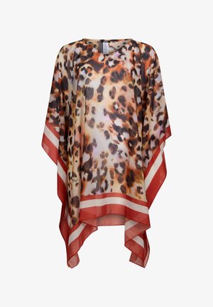 Kaftan trasparente con stampa animale in tonalità di marrone, arancione e crema. Presenta una scollatura a V e un orlo a righe rosse. Tessuto leggero con una caduta fluida.
