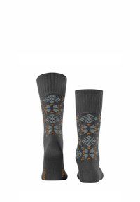 Graue Socken mit einem strukturierten Bündchen, das ein geometrisches Muster in Hellgrau und orangefarbenen Akzenten aufweist. Glattes Gewebe mit verstärktem Absatz und Zehen.