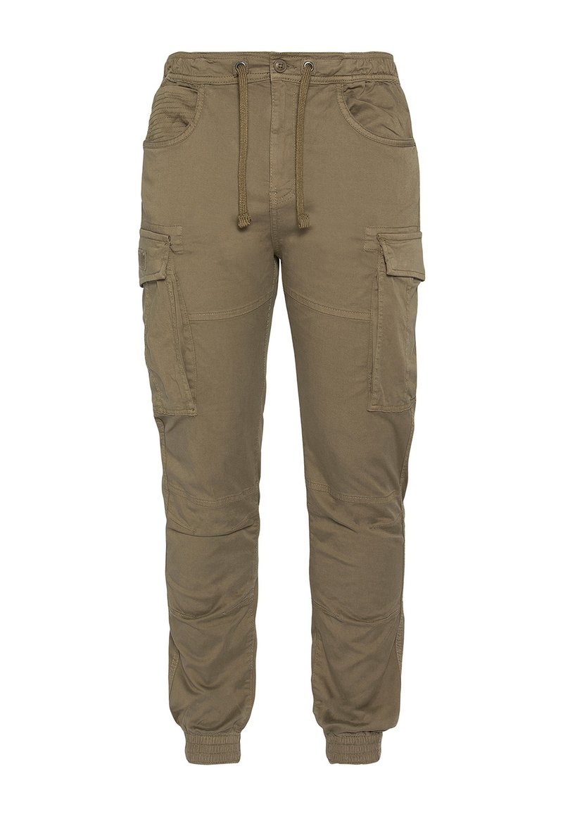 Spodnie cargo w kolorze khaki z elastycznym pasem i sznurkiem do ściskania, wyposażone w różnorodne kieszenie oraz prążkowane mankiety przy kostkach.
