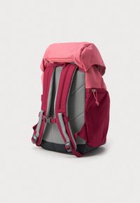 Zaino con parte superiore rosa, corpo bordeaux e schienale in rete grigia. Presenta spalline regolabili, tasca laterale e chiusura superiore a zip.