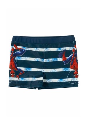 Children's swim shorts with navy and white stripes, featuring two Spider-Man characters hanging upside down with spider webs.