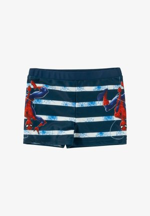 Children's swim shorts with navy and white stripes, featuring two Spider-Man characters hanging upside down with spider webs.