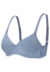 Ljusblå bh i mjukt material, med en sömlös design, justerbara band och en liten accentknapp i mitten fram.