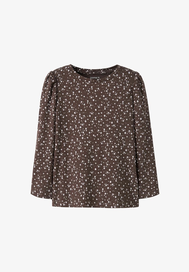 Chemise marron à manches longues côtelée avec un petit motif floral blanc et un col rond.