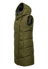 Olive green padded vest with a hood, featuring a quilted design, front closure, and dark lining. No sleeves; side pockets included.