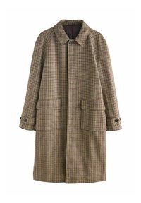 Długi wełniany płaszcz w brązowo-beżowo-czarny wzór w szachownicę, z zapięciem na guziki, dwoma przednimi kieszeniami z klapami oraz guzikami przy mankietach.