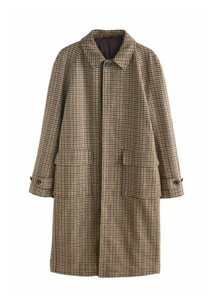 Lang uldjakke med brun, beige og sort houndstooth-mønster, knaplukning, to frontlommer med klap og knappede ærmekanter.