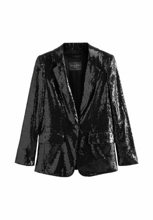 Schwarzer, mit Pailletten besetzter Blazer mit Reverskragen, einreihigem Knopfverschluss, zwei vorderen Taschen und einer strukturierten Oberfläche, die das Licht reflektiert.