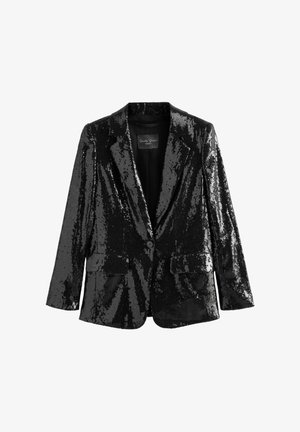 Black sequined blazer with a notched lapel, single button closure, two front pockets, and a textured surface reflecting light.