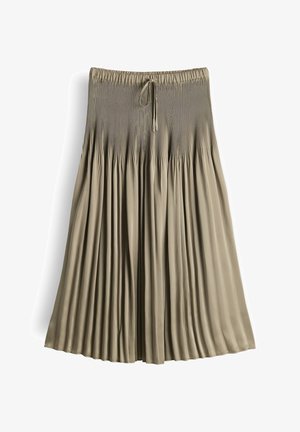 Gonna plissettata beige a vita alta con cinturino elastico e laccio regolabile, tessuto fluido di lunghezza media per una vestibilità rilassata.