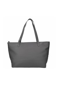 Grå läderhandväska med två långa handtag och dragkedjestängning, visad mot en vit bakgrund.