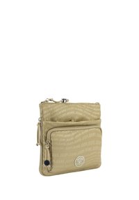 Borsa beige con zip, caratterizzata da un motivo impresso del logo, due scomparti, tessuto testurizzato e tirazip decorativi.