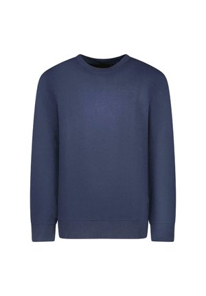 Marineblauwe sweatshirt met een ronde hals, lange mouwen, geribbelde manchetten en een subtiel textuurpatroon. Bevat minimalistische branding op de borst.