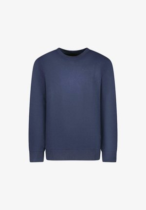 Marineblauwe sweatshirt met een ronde hals, lange mouwen, geribbelde manchetten en een subtiel textuurpatroon. Bevat minimalistische branding op de borst.
