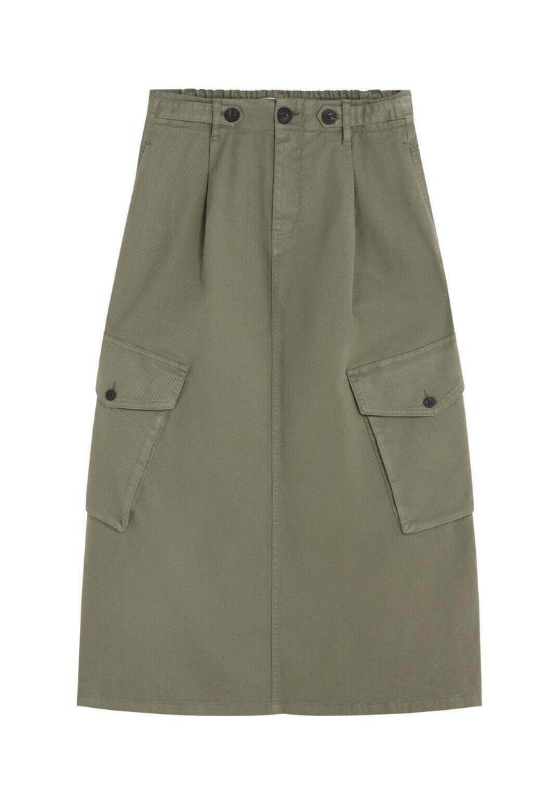 Falda cargo verde olivo hecha de tejido resistente, con dos bolsillos laterales, delantera con pliegues, cinturilla elástica y dos botones negros.
