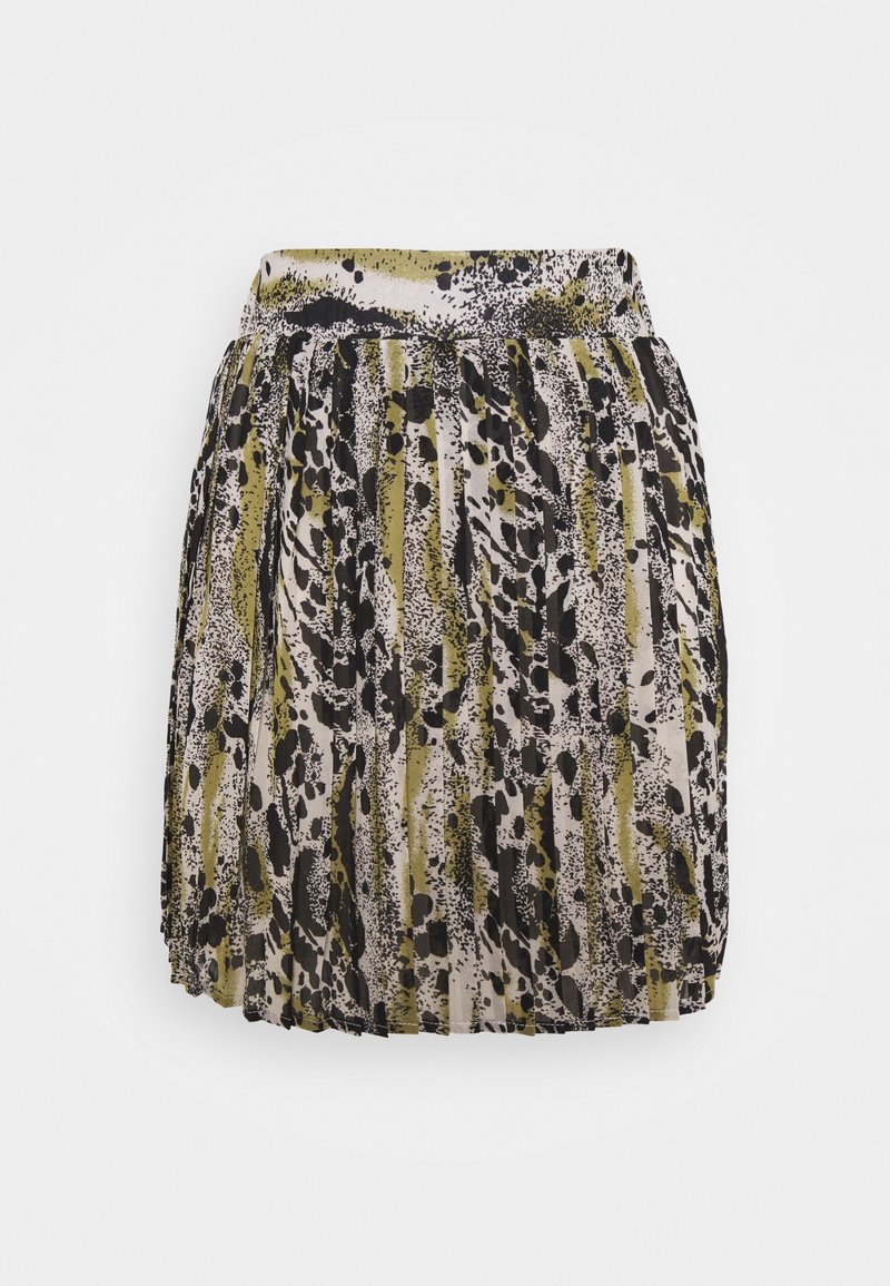 Jupe plissée courte avec un imprimé animal abstrait noir et vert olive sur fond beige, taille élastique.