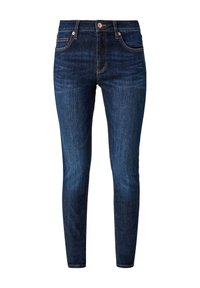 Jean skinny bleu foncé avec bouton avant, fermeture éclair et design à cinq poches, présenté sur fond blanc.