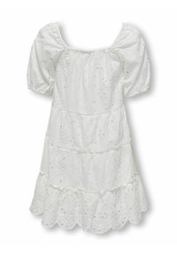 Bijela pamučna haljina s kvadratnim izrezom, napuhanim rukavima i izvezenim cvjetnim uzorcima. Sadrži haljinu s više slojeva i valovitim rubom.