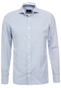 Camicia a maniche lunghe a righe blu e bianche realizzata in tessuto, con colletto classico, abbottonatura e polsini abbottonati. Design a vestibilità dritta.