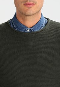 Maglione lavorato a maglia verde scuro con scollatura tonda e tessuto strutturato, indossato sopra una camicia di denim blu chiaro con colletto Button-up.