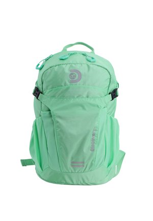 Light green backpack made of nylon, featuring multiple compartments, adjustable straps, side pockets, and a reflective logo detail.