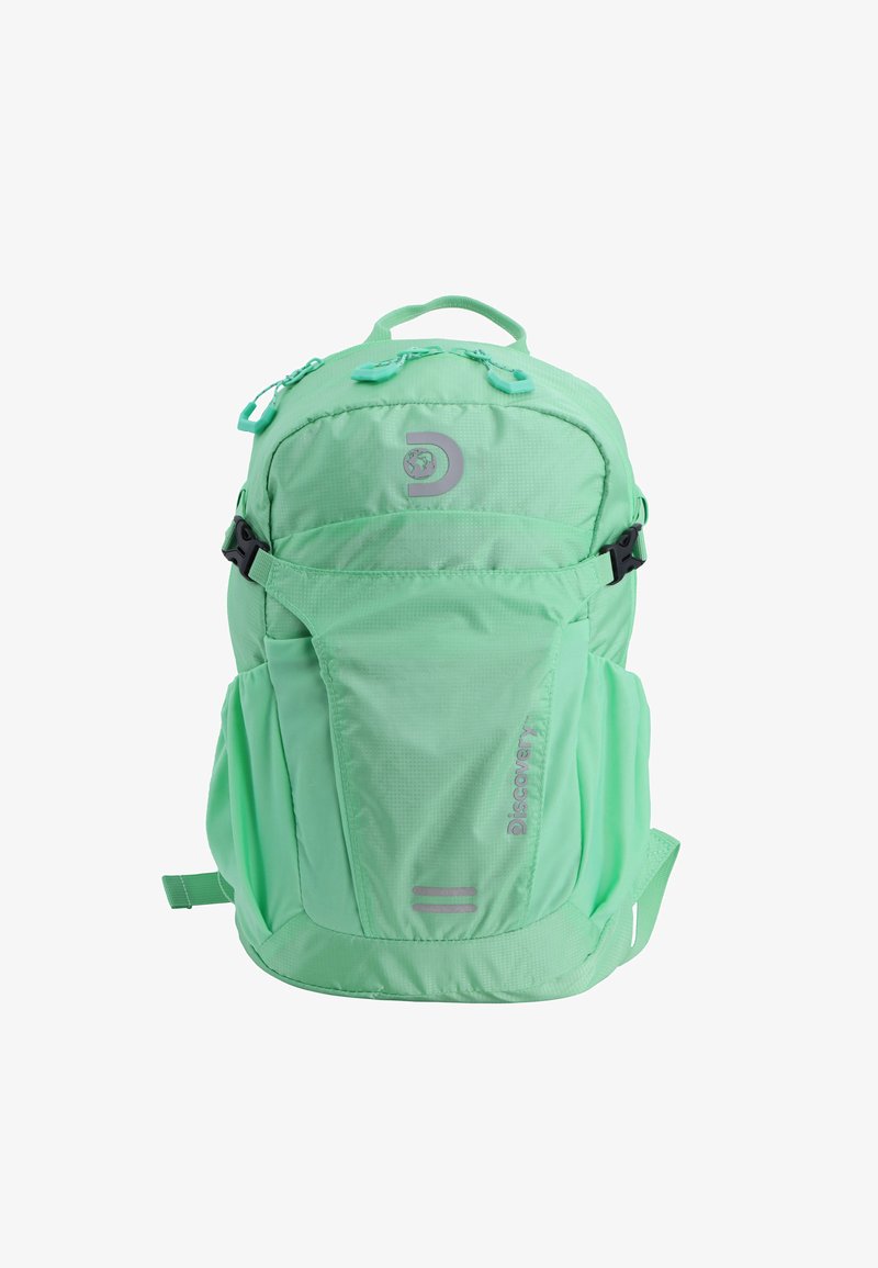 Light green backpack made of nylon, featuring multiple compartments, adjustable straps, side pockets, and a reflective logo detail.