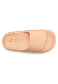 Peach-colored slide sandal with a textured strap, perforated insole, and a ridged outsole. Features "VENICE BEACH" logo on the footbed.