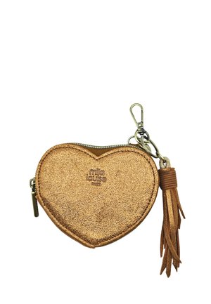 Porte-monnaie en forme de cœur en métal bronze avec fermeture éclair, marqué « mia louise Paris », doté d'un pompon en cuir et d'un mousqueton en métal.