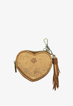 Porte-monnaie en forme de cœur en métal bronze avec fermeture éclair, marqué « mia louise Paris », doté d'un pompon en cuir et d'un mousqueton en métal.