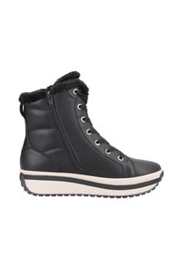 Botas negras de imitación de cuero hasta el tobillo con un cuello de pelo sintético, parte frontal con cordones, cremallera lateral y una suela blanca gruesa con textura antideslizante.