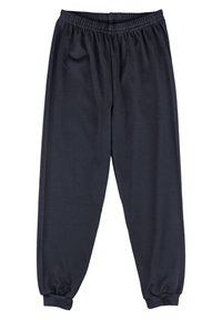 Granatowe dresy wykonane z miękkiego materiału, z elastycznym paskiem w talii oraz ściągaczami przy kostkach dla luźnego kroju.