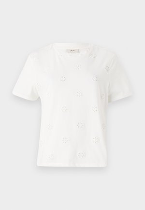 T-shirt bianco in cotone a maniche corte con motivi floreali ricamati. Collo rotondo, vestibilità comoda e texture liscia.