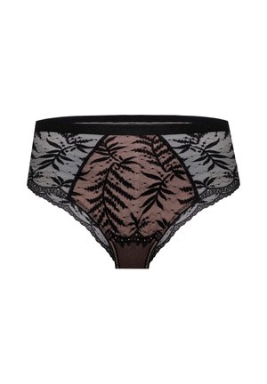 Koronkowe majtki hipster z czarnym wzorem floralnym na cielistym tle, z falbaniastymi krawędziami i solidnym czarnym pasem.