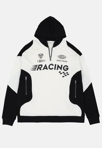 Hooded jaka ar rāvējslēdzēju priekšā, ar melnbaltiem paneļiem, izteiksmīgu "RACING" tekstu un sacensību tēmas grafiku.