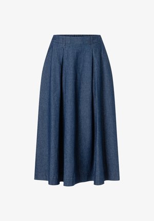 Jupe bleu foncé, longueur genou, coupe évasée en A, plissée avec une ceinture ajustée.