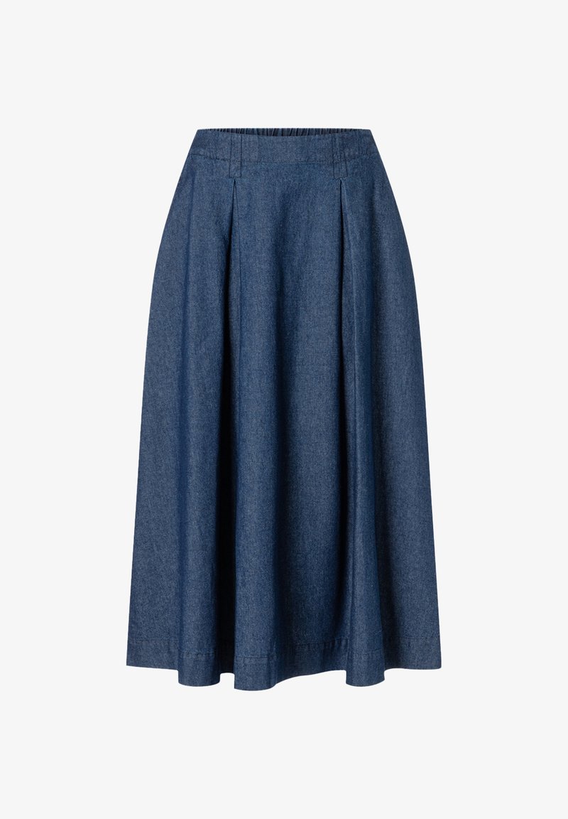 Mørkeblå, knælængde A-formet nederdel med læg og en tætsiddende taljebånd.