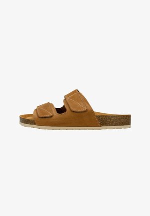 Brown leather slide sandal with two adjustable straps, a cork footbed, and a textured rubber sole; simple and functional design.