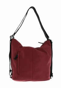 Borsa a spalla rossa in nylon con tracolla nera regolabile, dotata di una tasca con zip sul davanti e un design morbido e strutturato.