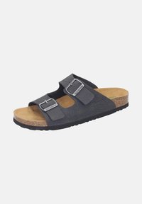 Schwarze Sandale mit zwei verstellbaren Riemen, silbernen Schnallen, Korkfußbett und strukturiertem Gummisohle. Lässiges Design, das sich für den täglichen Gebrauch eignet.