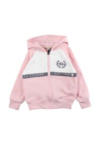 Sweat à capuche rose clair zippé avec panneaux supérieurs blancs, poignets et taille côtelés. Présente un logo et un texte imprimé en bleu marine sur la poitrine.