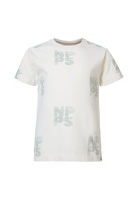 Witte katoenen t-shirt met een herhaald patroon van groene "NP" en "PS" tekst. Klassieke ronde hals en korte mouwen. Subtiele textuur.