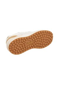 Suela de una zapatilla blanca con grips circulares elevados en goma marrón, con el logo "Pepe Jeans London" centrado en la suela.