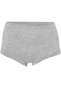 Grå bomulds boyshorts med en glat tekstur, der har et lavtaljet design og kontraststing langs kanterne. Ingen mønstre eller udsmykninger.