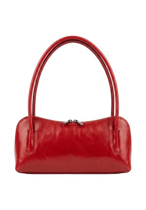 Petit sac à main rouge en cuir brillant avec double poignée et fermeture éclair centrée sur fond blanc.