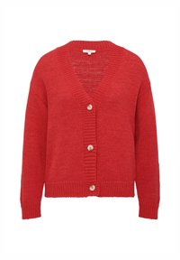Rode gebreide cardigan met een V-hals, lange mouwen, vijf knopen aan de voorkant en ribgebreide afwerking bij de manchetten en onderkant.