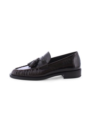 Dark brown leather loafer with tassels on the front and a low stacked heel, shown from the side on a white background.